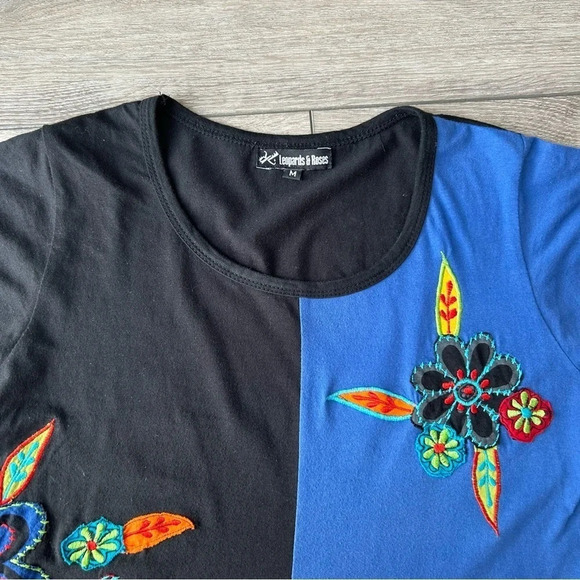 Leopards & Roses Embroidered Patchwork Asymmetrical Hem Tunics - Picture 5 of 15